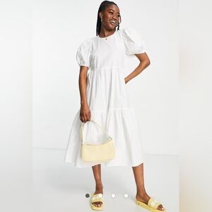 Jacqueline de Yong Puff Shoulder Tiered White Classic Dress  40 White